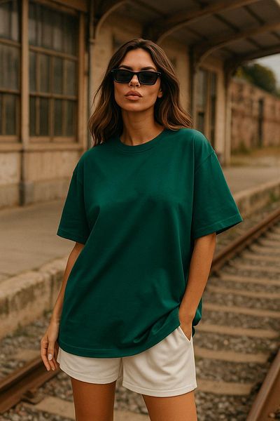Rich Γυναικείο πράσινο 100% βαμβακερό μπλουζάκι Oversize Basic – Άνετο μπλουζάκι με λαιμόκοψη