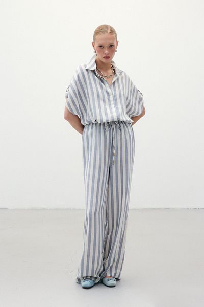 Sateen Pantaloni din amestec de in cu dungi - bleumarin