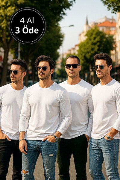 Rich Ανδρικό λευκό μπλουζάκι 4 Pack Basic μακρυμάνικο μπλουζάκι αθλητικό κορμάκι