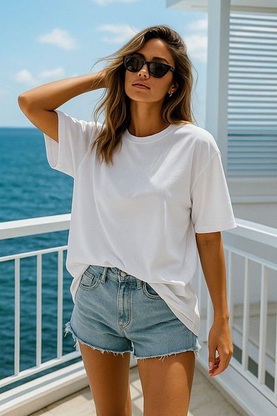 Rich Γυναικείο λευκό 100% βαμβακερό μπλουζάκι Oversize Basic – Άνετο μπλουζάκι με λαιμόκοψη