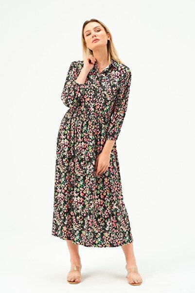 Rich Γυναικείο μονόχρωμο μακρύ φόρεμα με μακρυμάνικο γιακά με κουμπιά