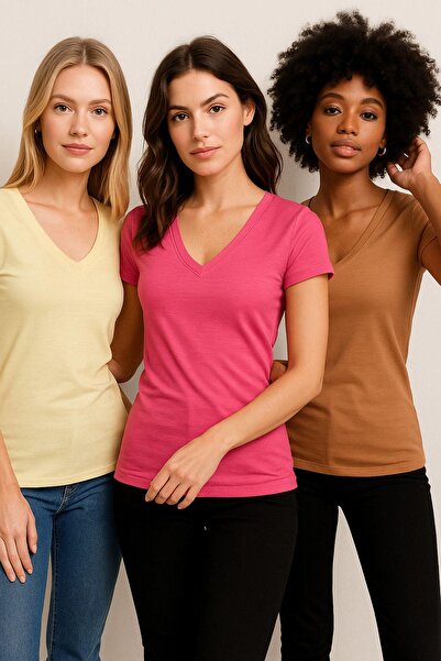 Rich Women's 3 Pack Brown-Yellow-Pink 100% Organic Cotton Regular Fit T-Shirt V-Neck T-Shirt