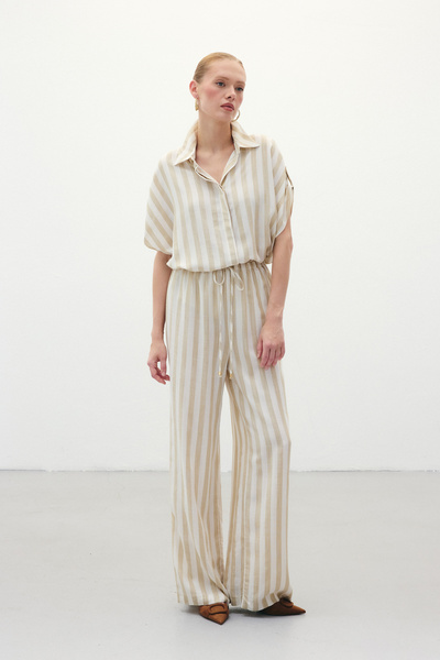 Sateen Смугасті штани з суміші льону - бежеві