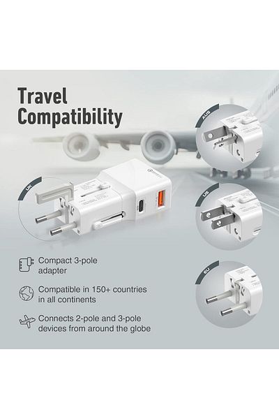 Promate Travel Adapter, All-In-One International Travel Power Charger with 20W Fast USB-C™ Chargin
