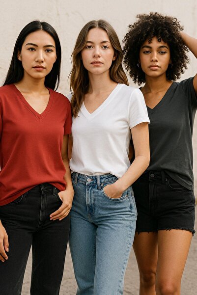 Rich Women's 3 Pack Anthracite-White-Red Oversize T-Shirt 100% Cotton V-Neck T-Shirt