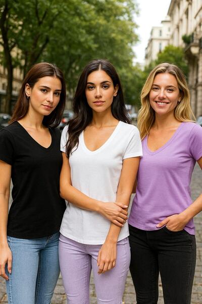 Rich Γυναικείο μπλουζάκι με λαιμόκοψη V με λαιμόκοψη 3 συσκευασιών μαύρο-άσπρο-λιλά 100% οργανικό βαμβάκι