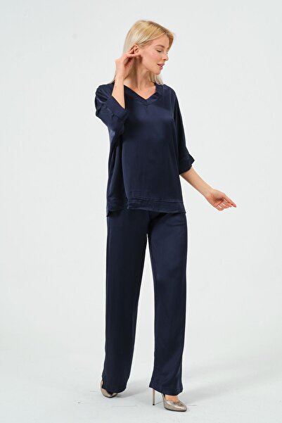 Rich Women's Satin Suit Shiny Satin Pants Blouse