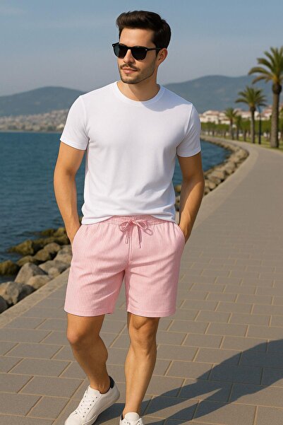 Rich Erkek Şort Beyaz Çizgili Jakarlı Şort