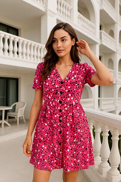 Rich Women's Pink Patterned Pocket Detail Trend Dress - Buttoned Short Sleeve Mini Dress