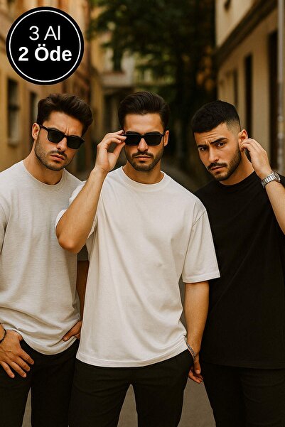 Rich Men's Black-White-Grimelange 3-Pack Black-White-Grey Melange Cotton Oversize T-Shirt Crew Neck