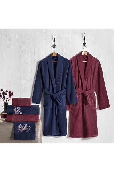 Taç Colin Cotton Family Bathrobe Set Navy Blue