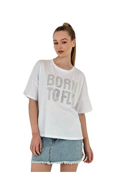 Miss Poem Γυναικείο κοντομάνικο καλοκαιρινό λευκό μπλουζάκι Born με τύπωμα