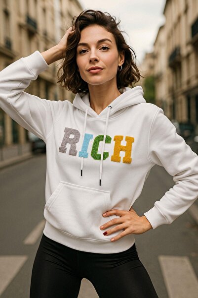 Rich Women's Ecru 2 Thread Hooded Sweatshirt Printed Oversize Sweatshirt