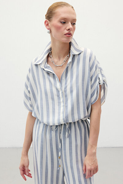 Sateen Çizgili Kısa Kol Gömlek - Lacivert