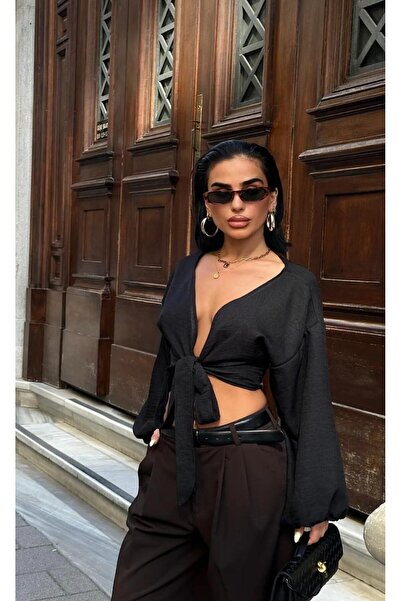 World Fashion Trends 8033 Μπλούζα με μακρυμάνικο λινό με κορδόνια μπροστά