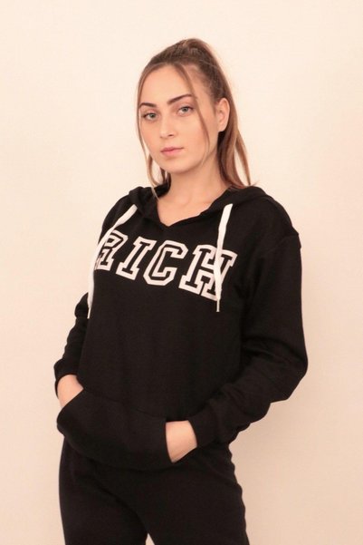 RICH GİYİM Hanorac cu glugă cu imprimeu pentru femei negre