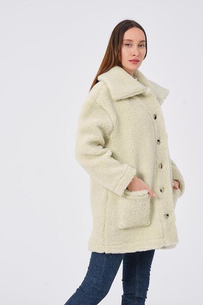 Rich Palton de pluș de damă, textura moale, nasturi mari