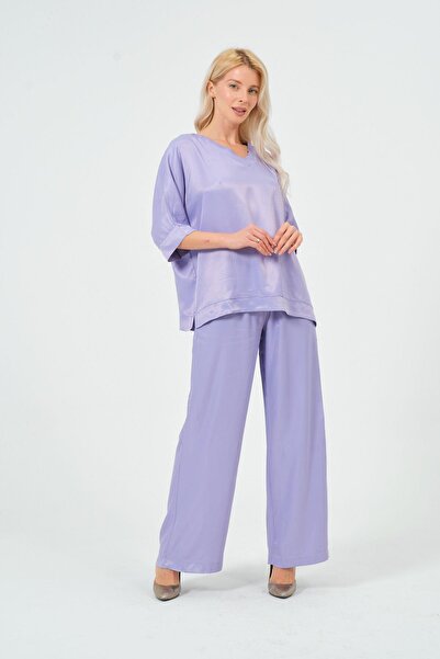 Rich Kadın Saten Takım Parlak Saten Pantolon Bluz