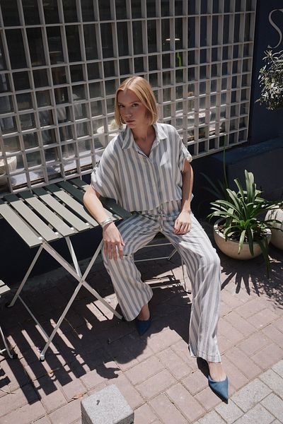 Sateen Striped Short Sleeve Shirt - Navy Blue