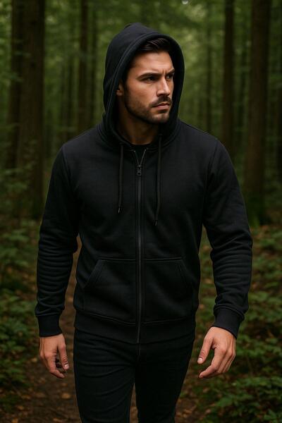 Rich Men's Hooded Cotton Sweatshirt Cardigan Zippered Comfortable Fit Basic Cardigan