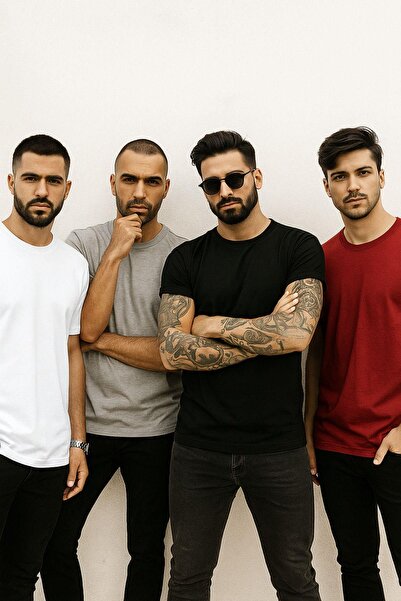 Rich Men's 4-Pack Red-Black-White-Anthracite 100% Cotton Oversize T-Shirt Basic Short Sleeve T-Shirt