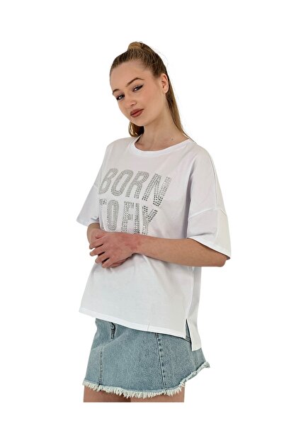 Miss Poem Γυναικείο κοντομάνικο καλοκαιρινό λευκό μπλουζάκι Born με τύπωμα