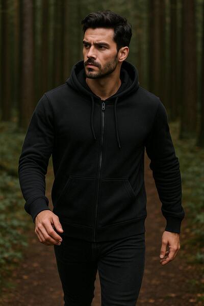 Rich Men's Hooded Cotton Sweatshirt Cardigan Zippered Comfortable Fit Basic Cardigan