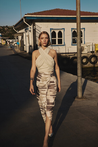 Sateen Desenli Keten Kalem Etek - Taş