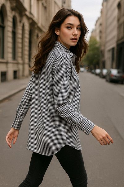 Rich Γυναικείο ασπρόμαυρο καρό πουκάμισο Oversize Relaxed Over Fit καρό πουκάμισο