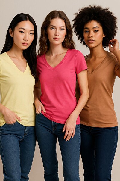 Rich Women's 3 Pack Brown-Yellow-Pink 100% Organic Cotton Regular Fit T-Shirt V-Neck T-Shirt