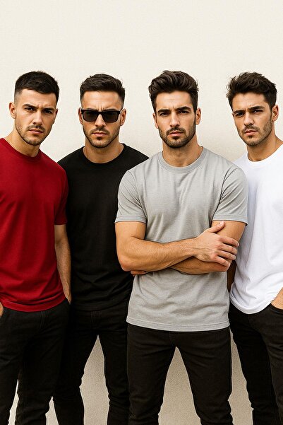 Rich Men's 4-Pack Red-Black-White-Anthracite 100% Cotton Oversize T-Shirt Basic Short Sleeve T-Shirt