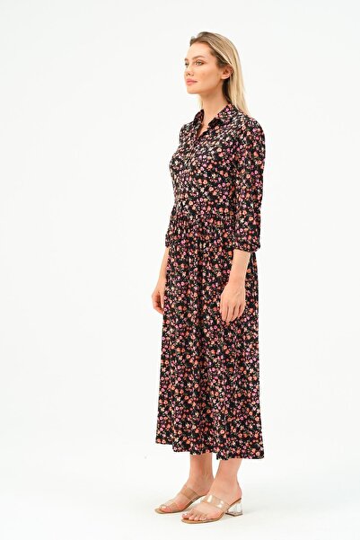 Rich Women's Patterned Straight Long Dress Long Sleeve Tunic Collar Buttoned