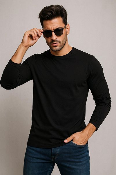 Rich Ανδρικό μακρυμάνικο μπλουζάκι από 100% βαμβακερό μαύρο σώμα με λαιμόκοψη