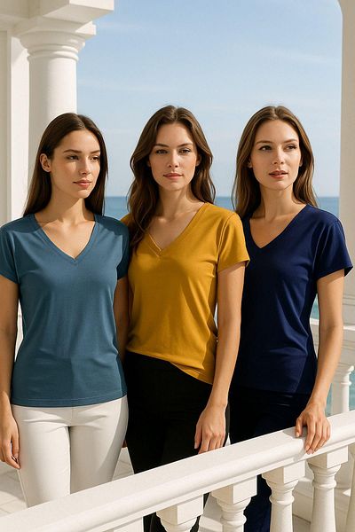 Rich Γυναικεία μπλουζάκια 3 συσκευασιών Navy Blue-Mustard-Oil Viscose με λαιμόκοψη V με κοντό μανίκι Casual Cutout Μπλούζα