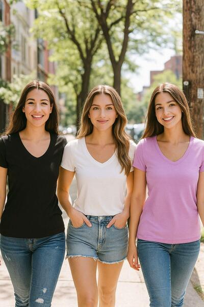 Rich Γυναικείο μπλουζάκι με λαιμόκοψη V με λαιμόκοψη 3 συσκευασιών μαύρο-άσπρο-λιλά 100% οργανικό βαμβάκι