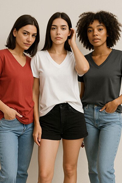 Rich Women's 3 Pack Anthracite-White-Red Oversize T-Shirt 100% Cotton V-Neck T-Shirt