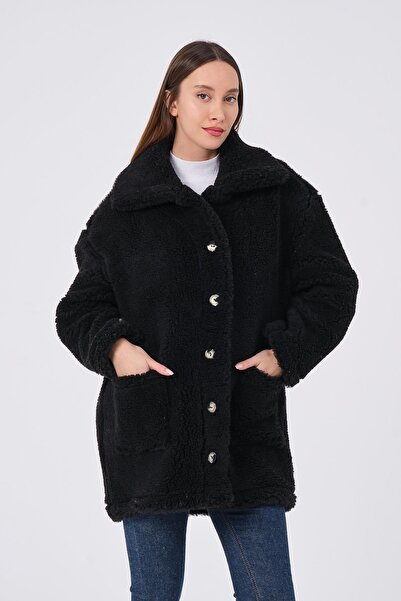 Rich Palton de pluș de damă, textura moale, nasturi mari