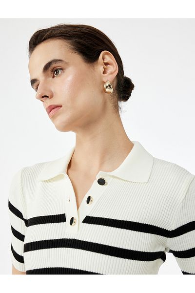 Koton Buttoned Short Sleeve Striped Knitwear Polo Neck Sweater