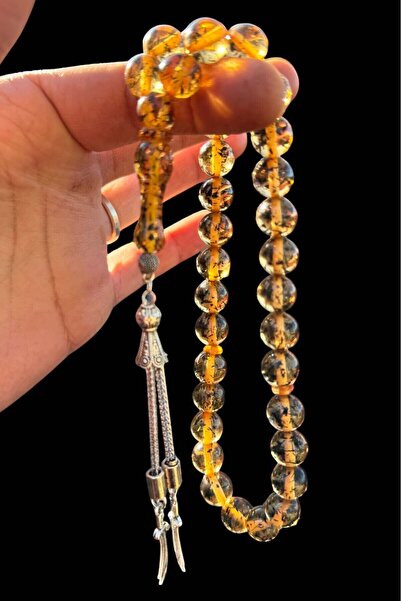 Teta Collection Çay Fosilli Toz Kehribar Tesbih Hediyelik Ahşap Kutulu Kehrib...