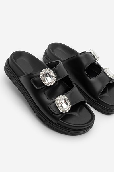Marjin Women's Stoned Naviva Black Daily Slippers Double Banded Thick Sole