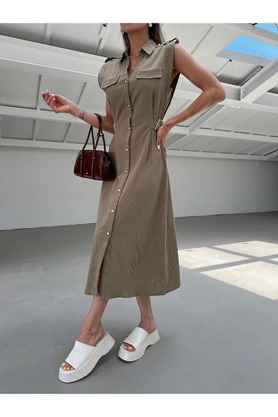 TB Butik Epauletted Buttoned Linen Summer Dress