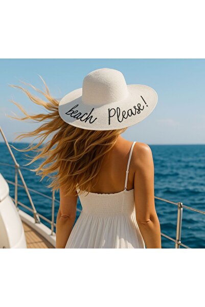 Axesoire 14232-9 Λευκό ψάθινο καπέλο με γράμματα  "Beach Please "