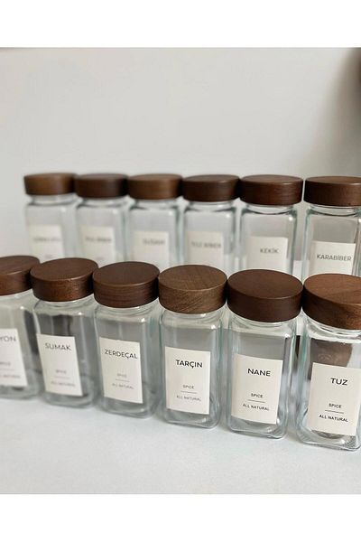 Meralles Set of 12 Spice Jars with Acacia Lid Glass