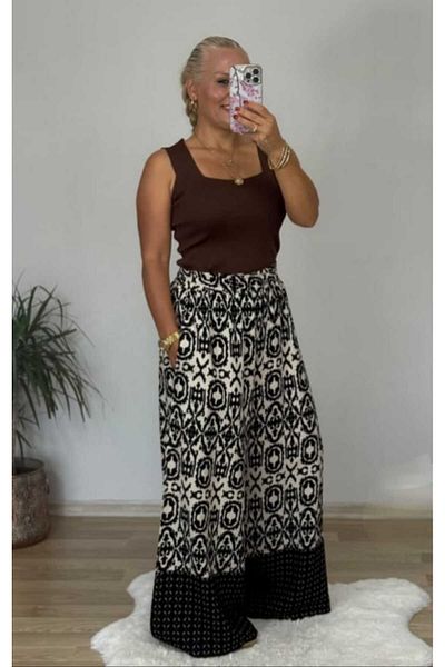 KLEERMAKER Women's Plus Size Viscose Fabric Elastic Waist Ethnic Patterned Pocket Skirt Trousers