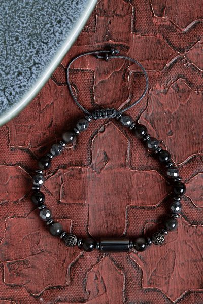 Saff Doğal Taş Certified Hematite & Silver Obsidian & Natural Stone Macrame Bracelet with Zircon Apparatus