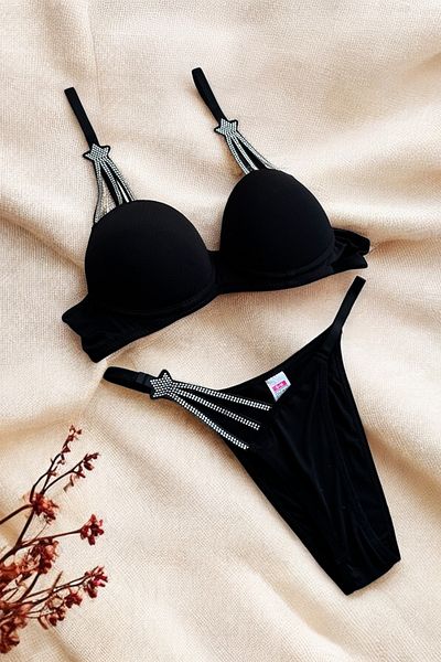 BLİSS WEAR FASHION Γυναικείο Σετ Εσώρουχα Σουτιέν με Μαύρη Πέτρα με Στήριγμα
