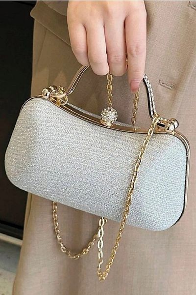 Famels Women's Imported Silver Shiny Glitter Stone Evening Dress Bag with Zircon Stone Stylish and Elegant