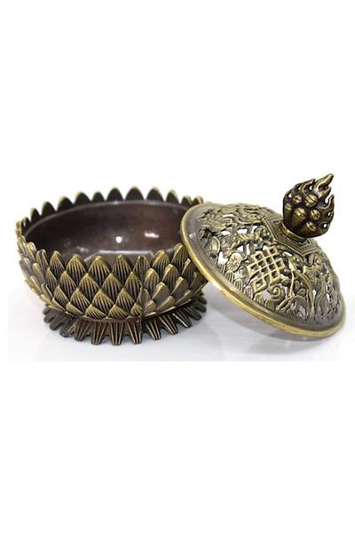 BLA BLA FOAM Burner, incense cone holder in lotus shape with Tibetan symbols, 10x10 cm, bronze