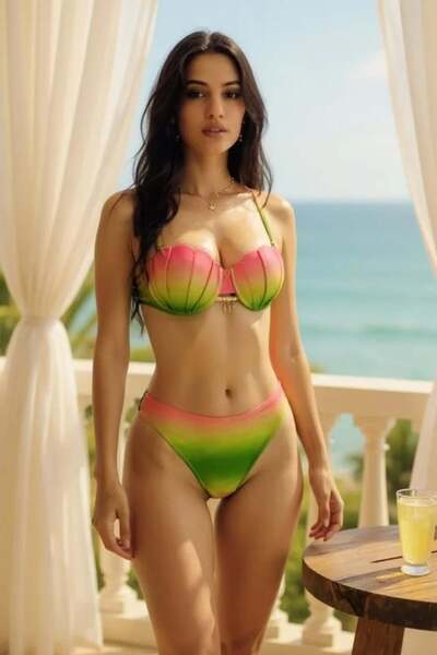 FashionForYou Μαγιό δύο τεμαχίων TIVA, στρινγκ και σουτιέν με extra push up, Πράσινο-Ροζ