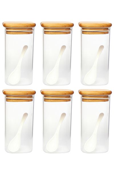 tios home 430ml Wooden Beech Wood Lid Vacuum Mica Acrylic Spice Rack Storage Box 6Pcs
